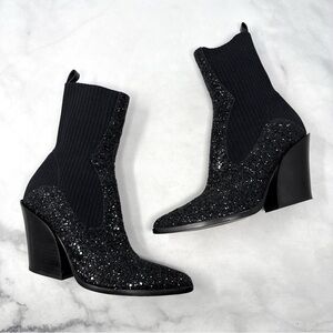 Jimmy Choo Mele Glitter 85 Chelsea Stretch Knit Block Heel Ankle Boots Black 36